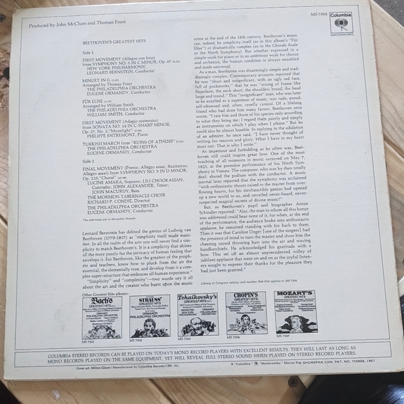 Beethoven's Greatest Hits Vinyl LP Columbia MS 7504 - Picture 2 of 3